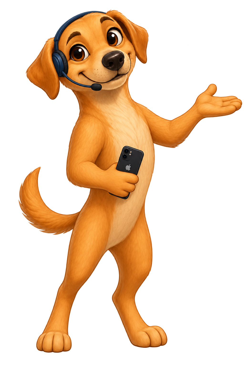 Melo, o mascote, com headset e celular na pata, apresentando com a palma aberta